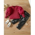 thumbnail image 4 of Toddler Girl Fall Outfits Puff Sleeve Ribbed Tops + Pants 2Pcs Girls Fashion Outfits 5-6T, 4 of 8