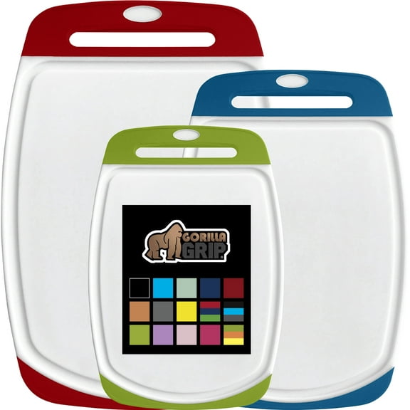 GORILLA GRIP Oversized 100% BPA Free Reversible Kitchen Cutting Board Set of 3, Juice Grooves, Dishwasher Safe, Red Blue Green