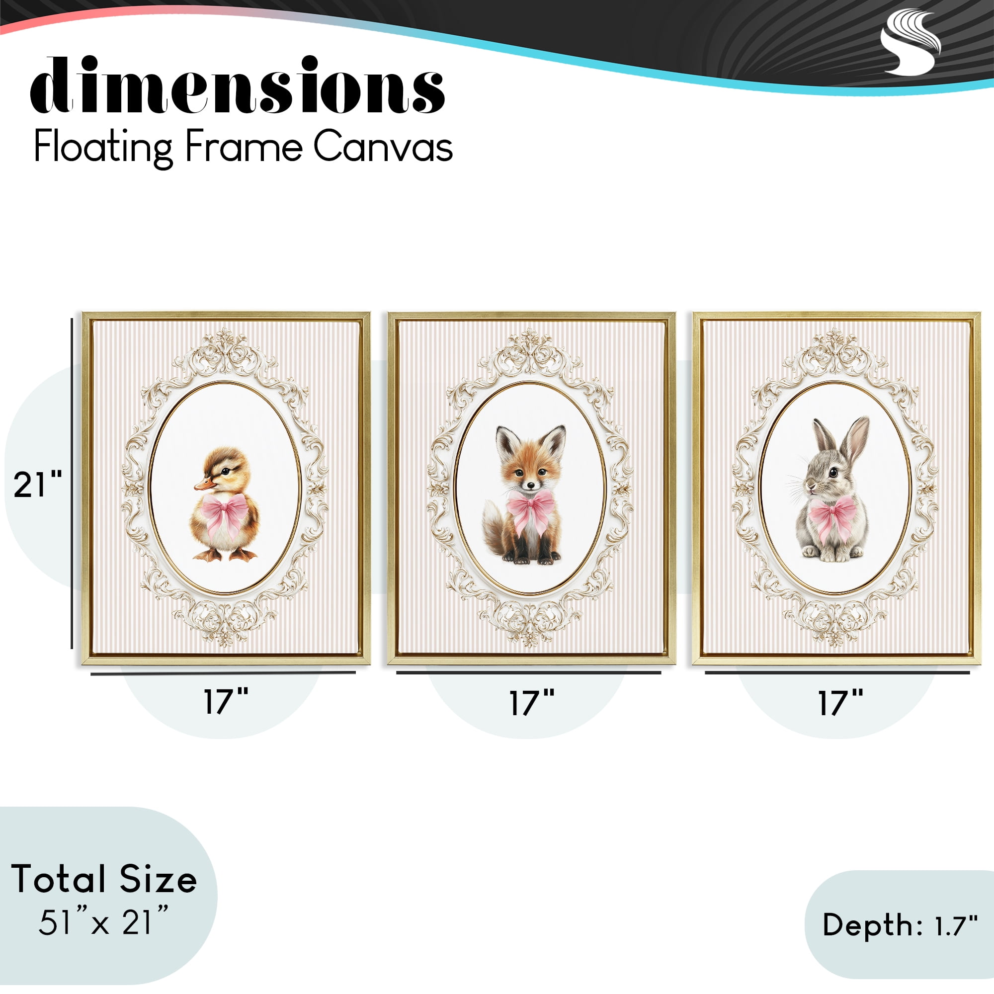 Stupell Industries Vintage Animals with Ornate Design 3 Piece Gold Framed Floater Canvas Set, design by Christine Simpson Art