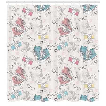 Vintage Shower Curtain Grunge Patterns Shoes Photo Camera Glasses