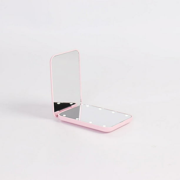 Espejo de maquillaje plegable portátil de mano con luz LED, 8 luces, espejo con batería de 2 aumentos, regalo