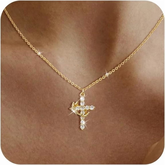 Cross Necklace For Women - Non Tarnish Dainty 14K Gold Plated/Sterling Silver Crown Cross Pendant Simple Cz Necklaces For Women Trendy Jewelry Gifts[o3]