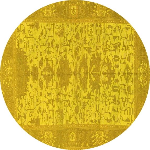 Ahgly Company Machine Washable Indoor Round Oriental Yellow Traditional Area Rugs, 3' Round
