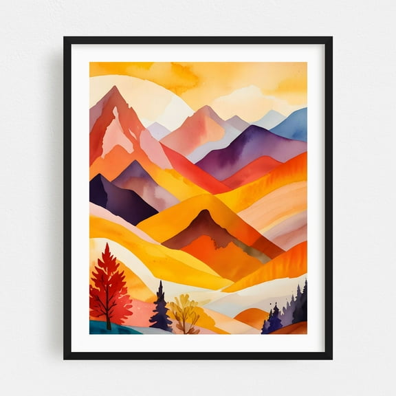 Warm Autumn Mountains - India Painting Abstract Mountain Landscape Autumn Nature Scenic Geometric Black Framed Wall Art Print 8 x 10 inches