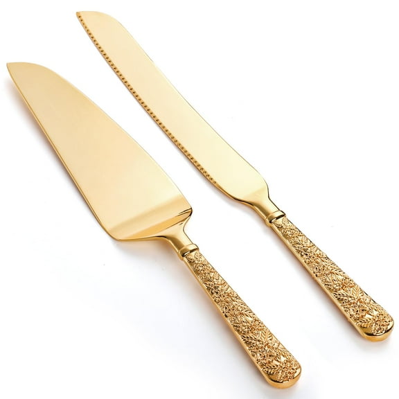 2 PCS Gold Cake Knife and Server Set, Wedding Cake Cutting Utensils, Vintage Engraved Cake Cutter and Serving Spatula