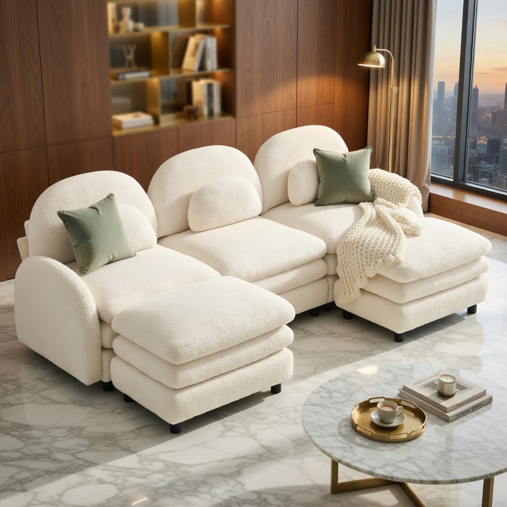 Hommoo Teddy Fleece 3-Seat Modular Sectional Sofa with Curved Backrest, Double-Layer Cloud Cushions & 2 Movable Ottomans, Beige