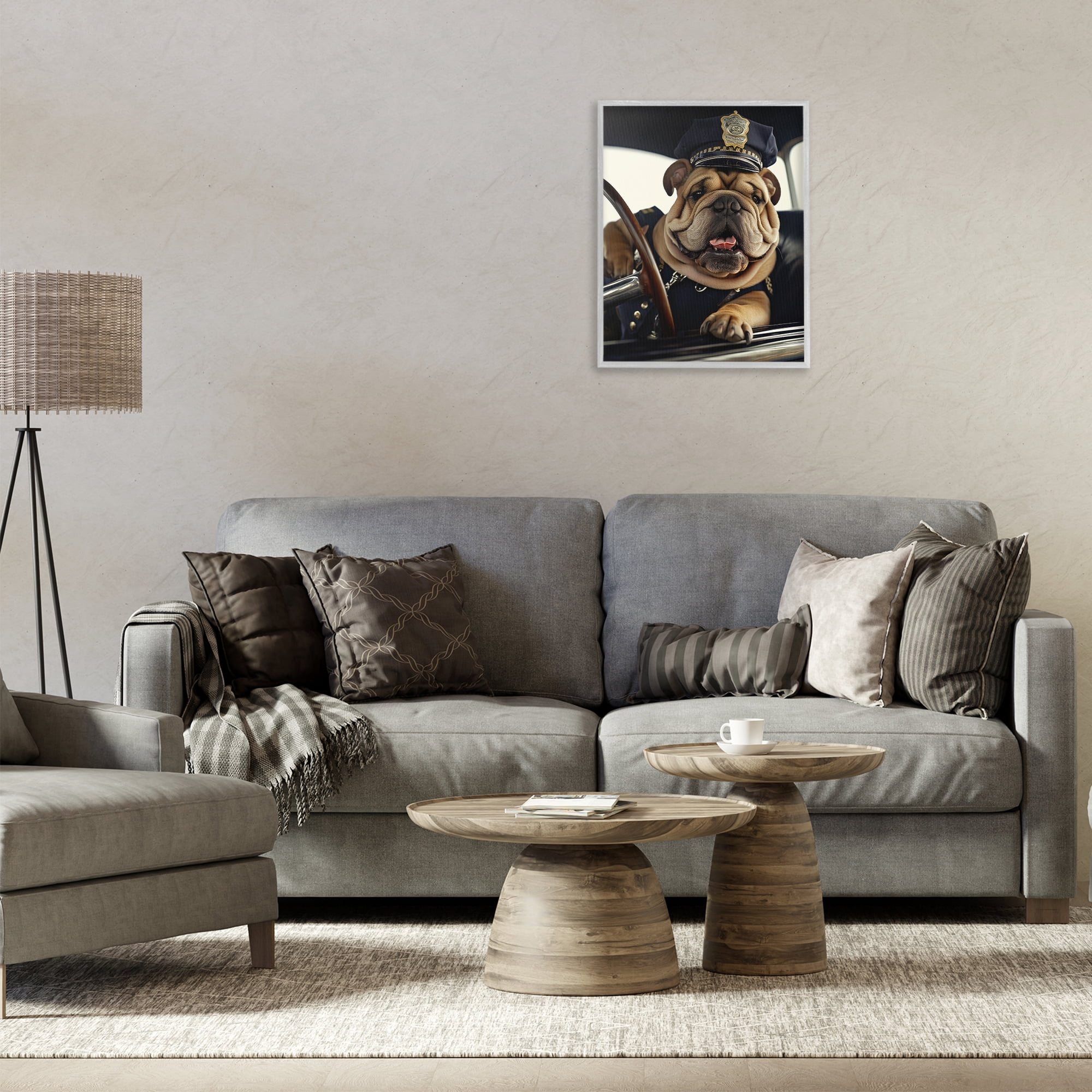 Stupell Industries Police Dog in Car Animals & Insects Painting Gray Framed Art Print Wall Art, 16 x 20