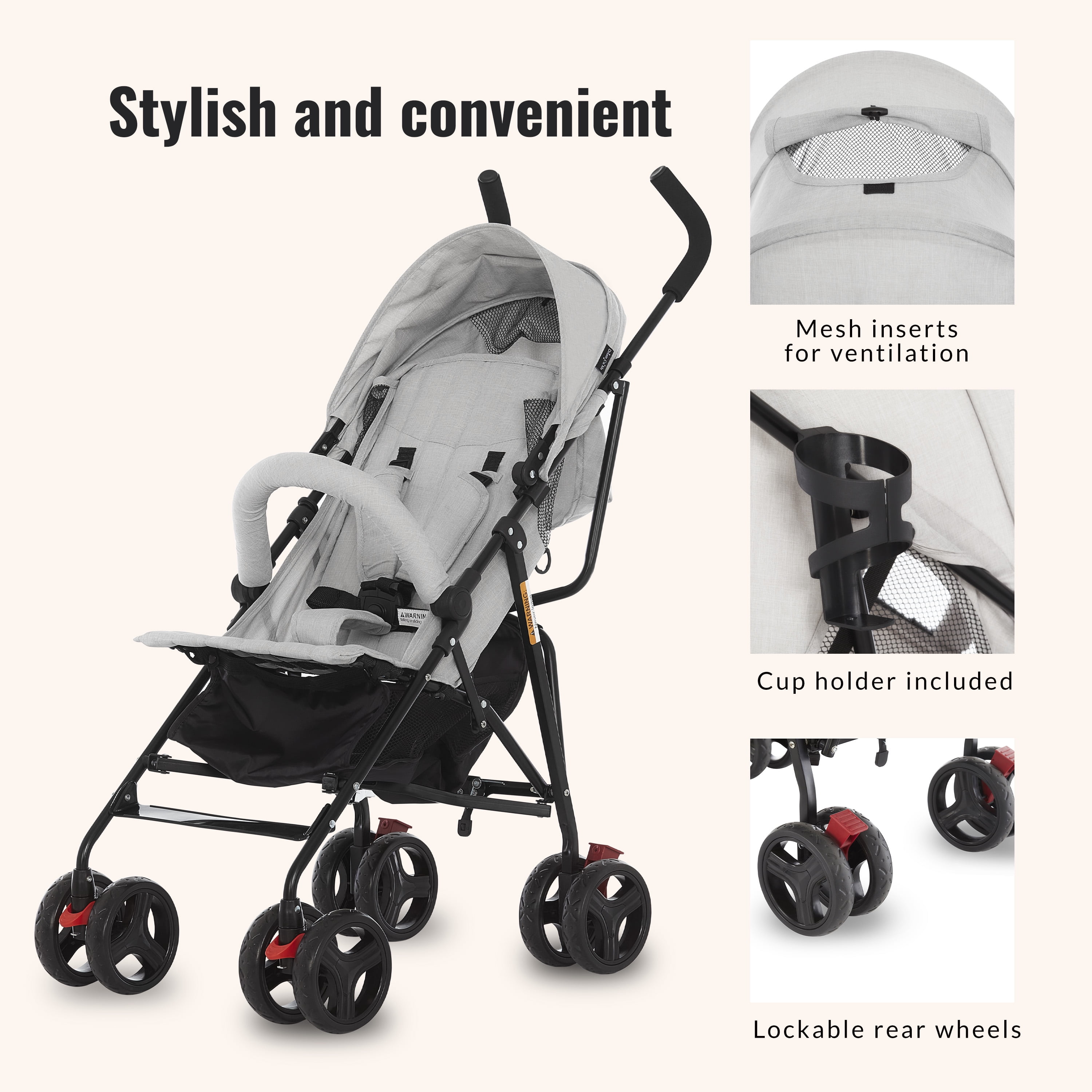 Dream On Me Vista Moonwalk Stroller | Lightweight Infant Stroller with Compact Fold | Multi-Position Recline | Canopy with Sun Visor | Perfect for Traveling and Theme Parks, Light Gray