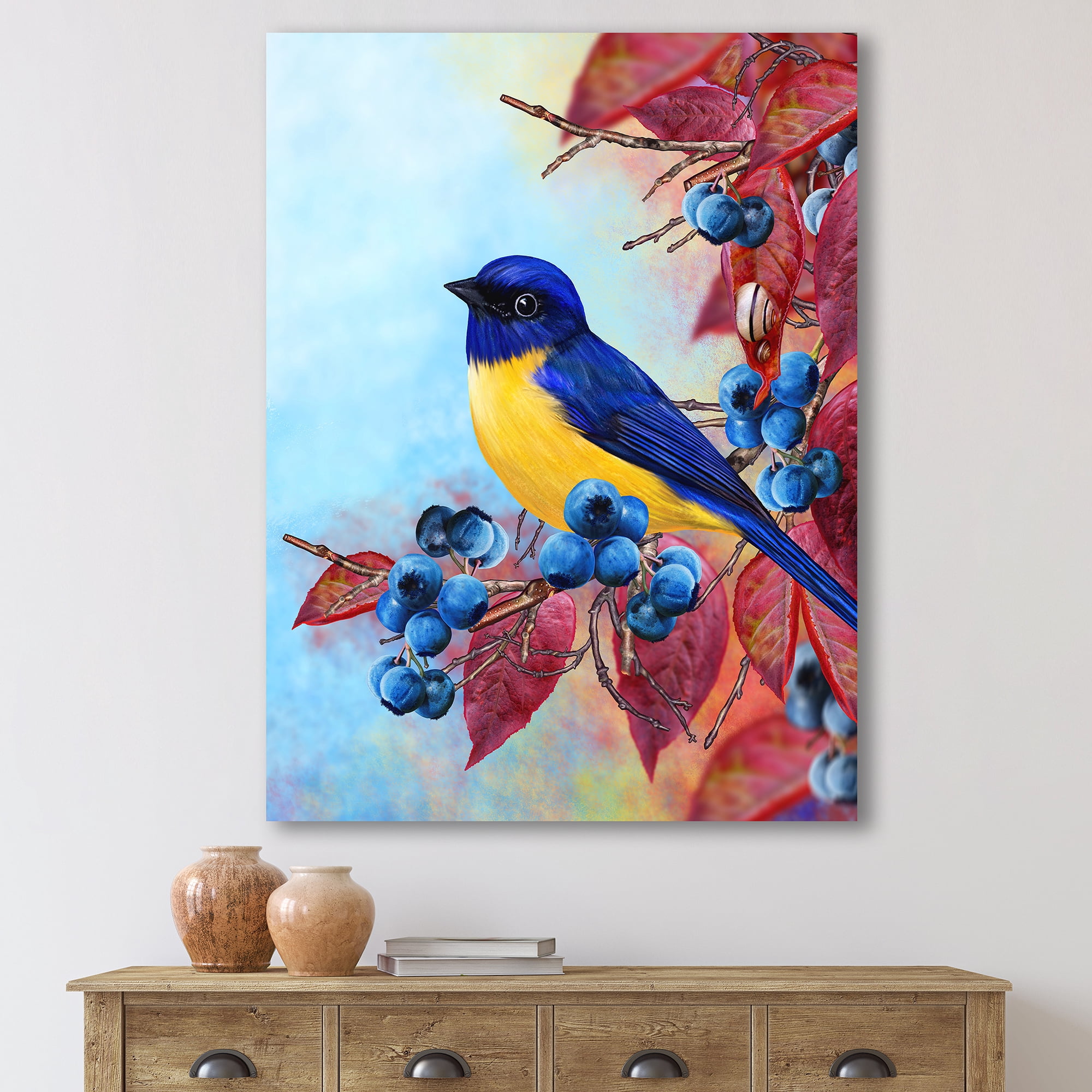 Designart ' Bright Bird Bullfinch Sitting On A Branch of Berries I ' Traditional Canvas Wall Art Print