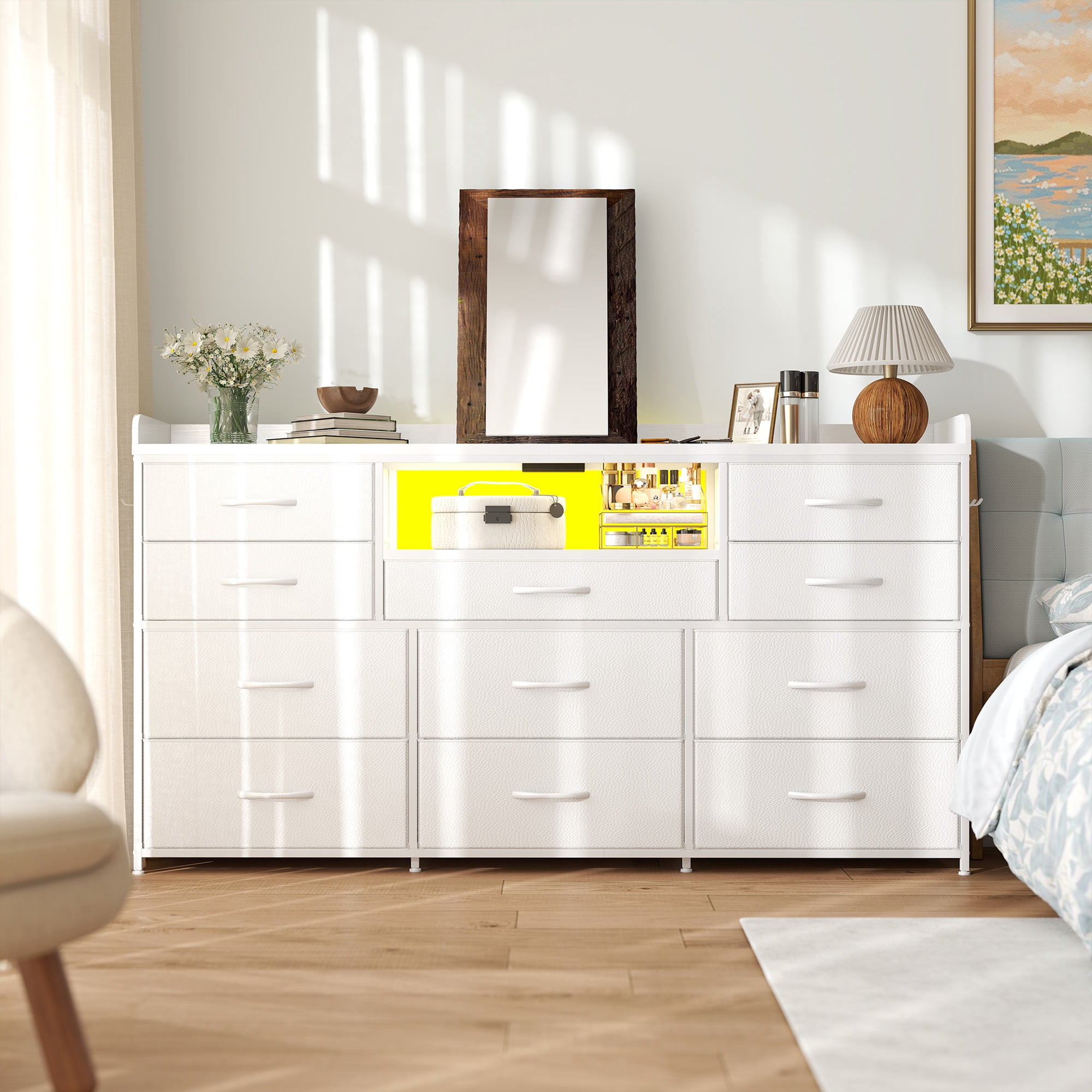 Dresser for Bedroom with 11 Drawers for 60" TV Stand with LED Lights & Charging Station Wide Dresser with Shelves & 4 Hooks Sturdy Metal Frame & Fabric & Wood Top ,White