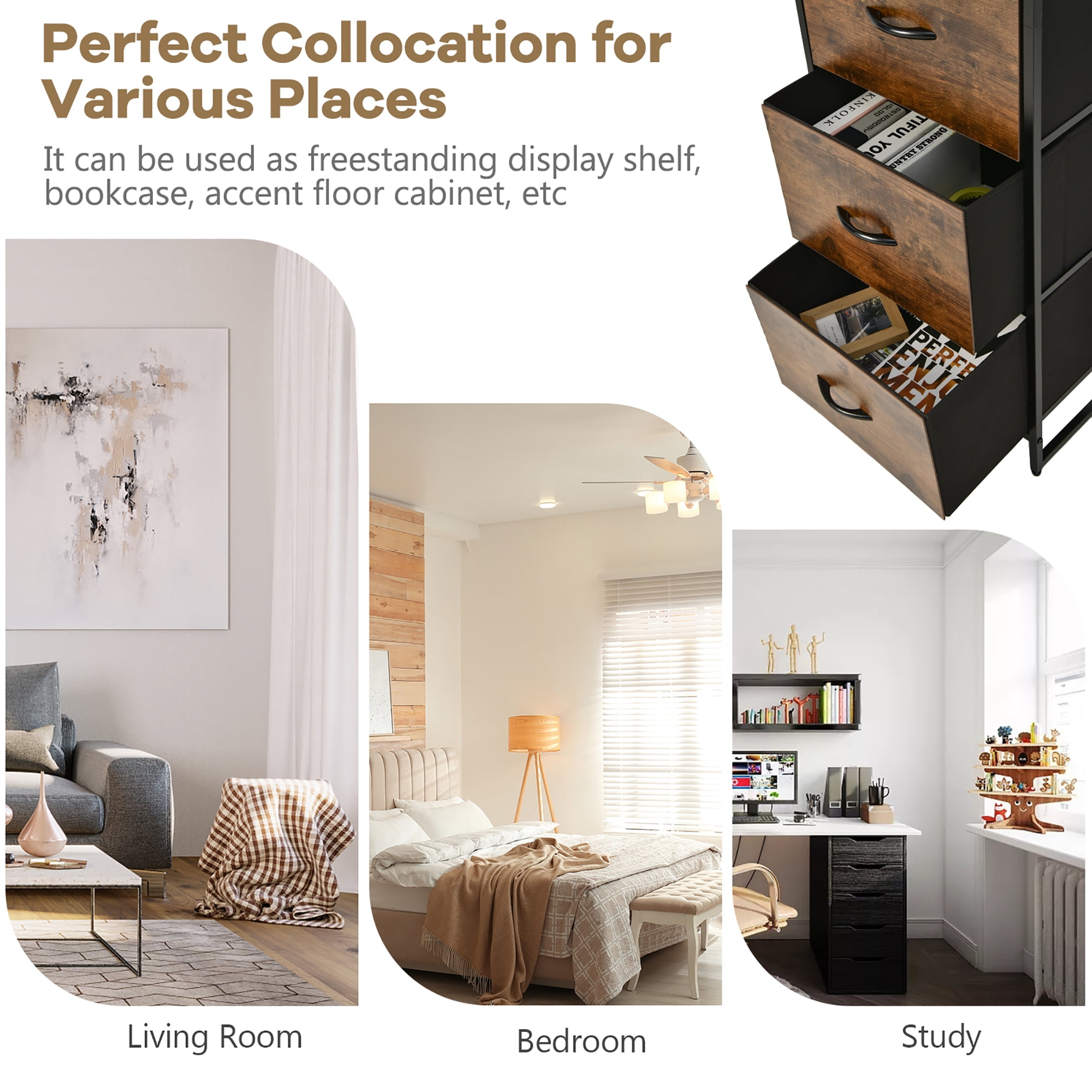 Costway Vertical 3 Drawer Dresser w/ 3 Shelves Tall Storage Tower Chest Freestanding