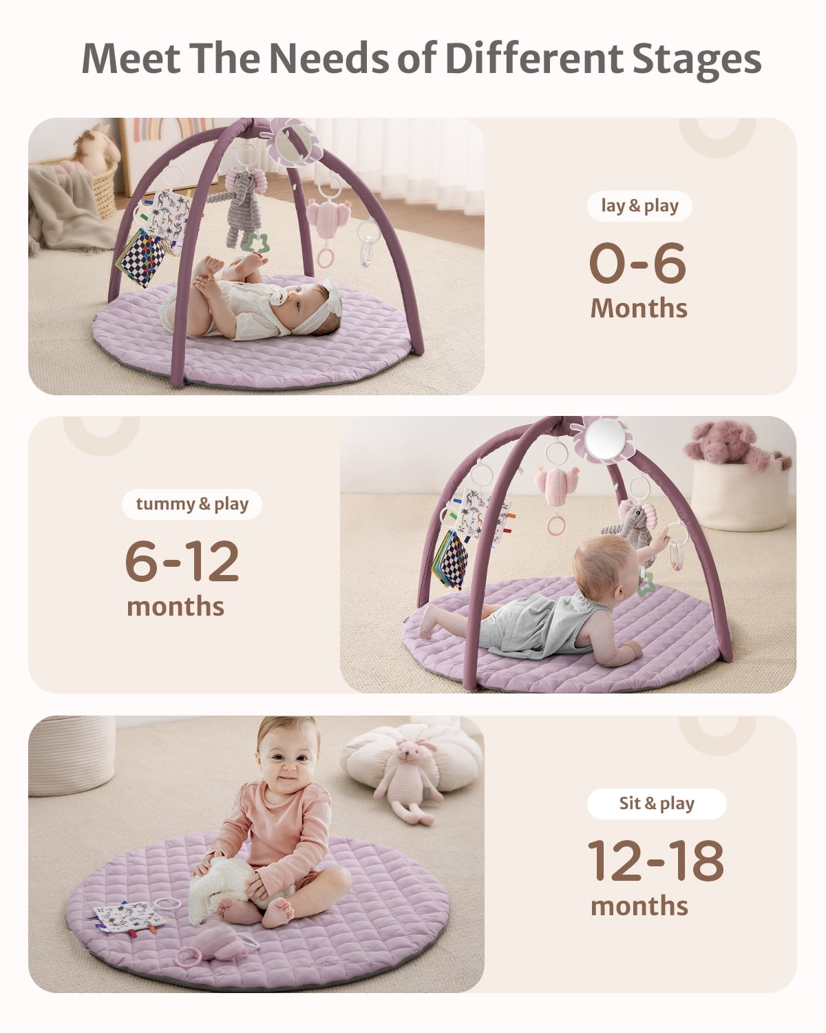 Blissful Diary Baby Play Gym Activity Mat, Tummy Time Mat Play Mat with 6 Sensory Toys for Motor Skill Development, Newborn Infant Baby Essentials Gift for Girls, Lilac Pink