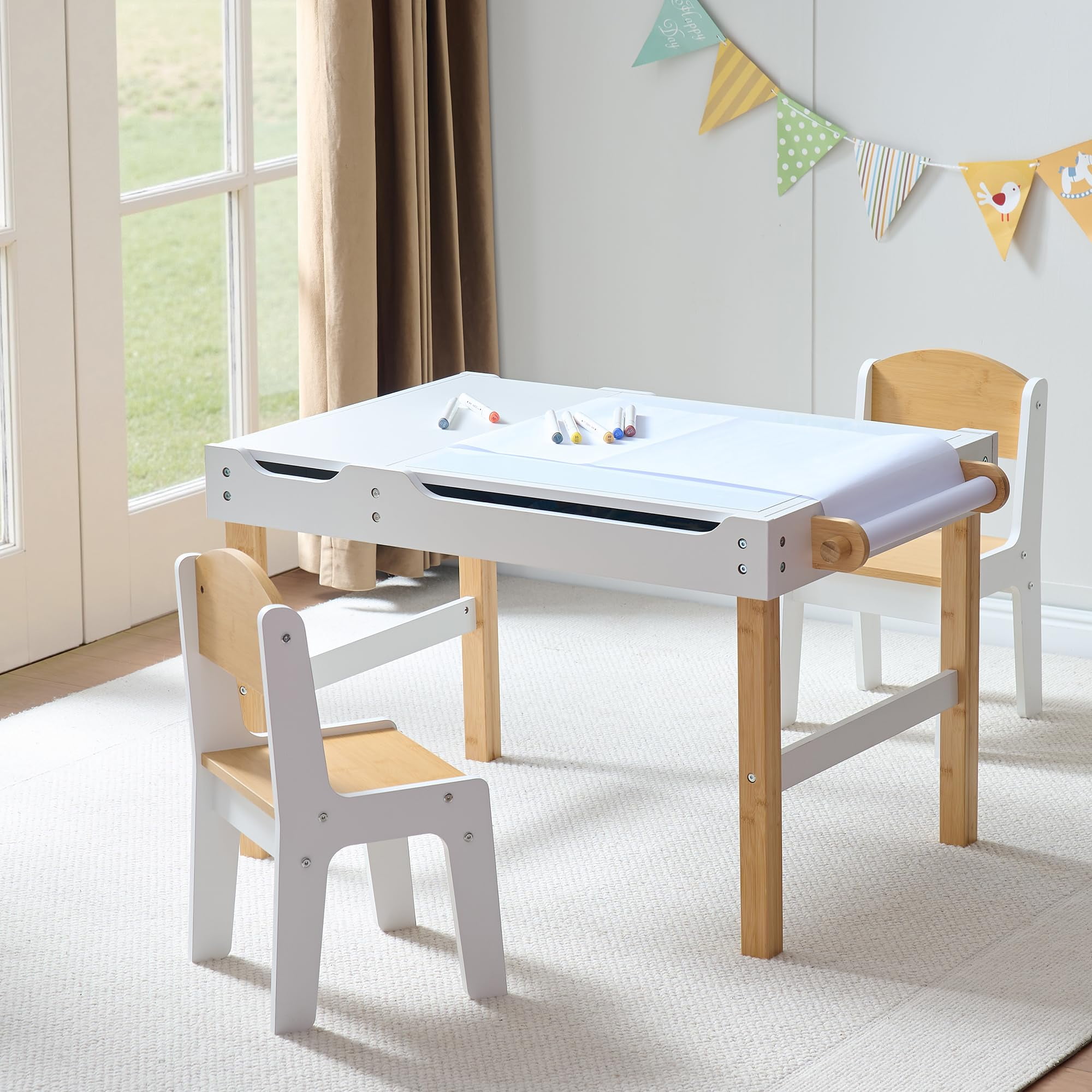 Kids Activity Table with Storage, 3 in 1 Kids Table Compatible with Lego Building Block for Boys Girls, Wooden Desk Reversible Tabletop for Toddler Arts,Drawing, Reading