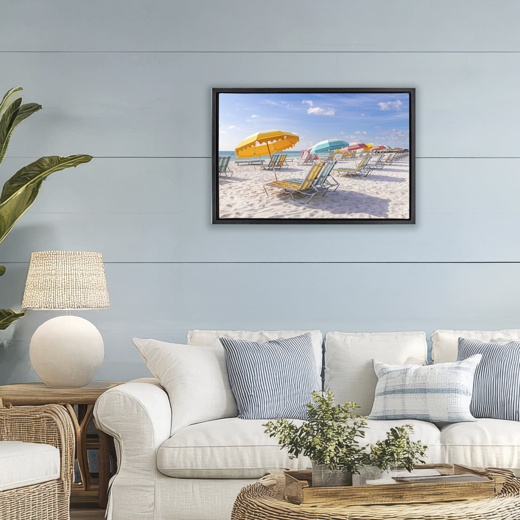 Stupell Industries Striped Umbrellas on Sunny Beach Black Framed Floater Canvas Wall Art, design by Richard Silver