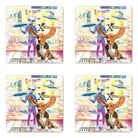 

Outer Space Coaster Set of 4 Alien and Dog with Giant Ears Vivid UFO Writing Grungy Brick Wall Square Hardboard Gloss Coasters Standard Size Multicolor by Ambesonne