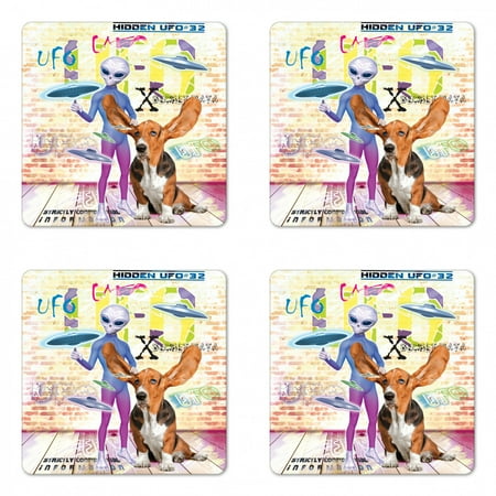 

Outer Space Coaster Set of 4 Alien and Dog with Giant Ears Vivid UFO Writing Grungy Brick Wall Square Hardboard Gloss Coasters Standard Size Multicolor by Ambesonne