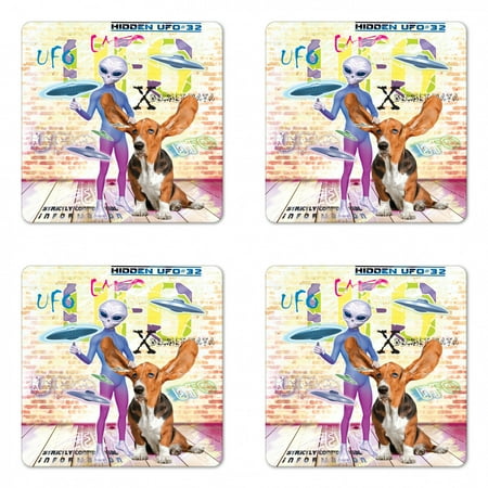 

Outer Space Coaster Set of 4 Alien and Dog with Giant Ears Vivid UFO Writing Grungy Brick Wall Square Hardboard Gloss Coasters Standard Size Multicolor by Ambesonne