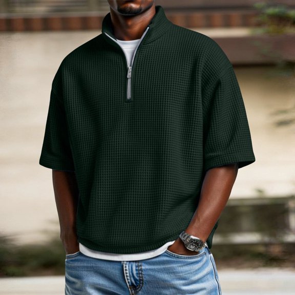 Jyeity Half-Zip Mens T Shirts Breathable Casual Solid Color,Short Sleeve Stand Collar Shirts Tops L