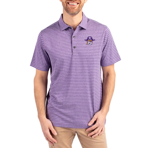 Men's Cutter & Buck Heather Purple ECU Pirates Forge Eco Heather Stripe Stretch Recycled Polo