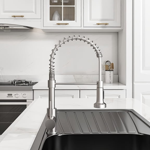 Brushed Nickel Stainless Steel Kitchen Faucet with Pull-Down Sprayer, Single Handle, Fits 1/3-Hole Installation, Dual Function, for Farmhouse, RV, Camper, Laundry & Utility Sink