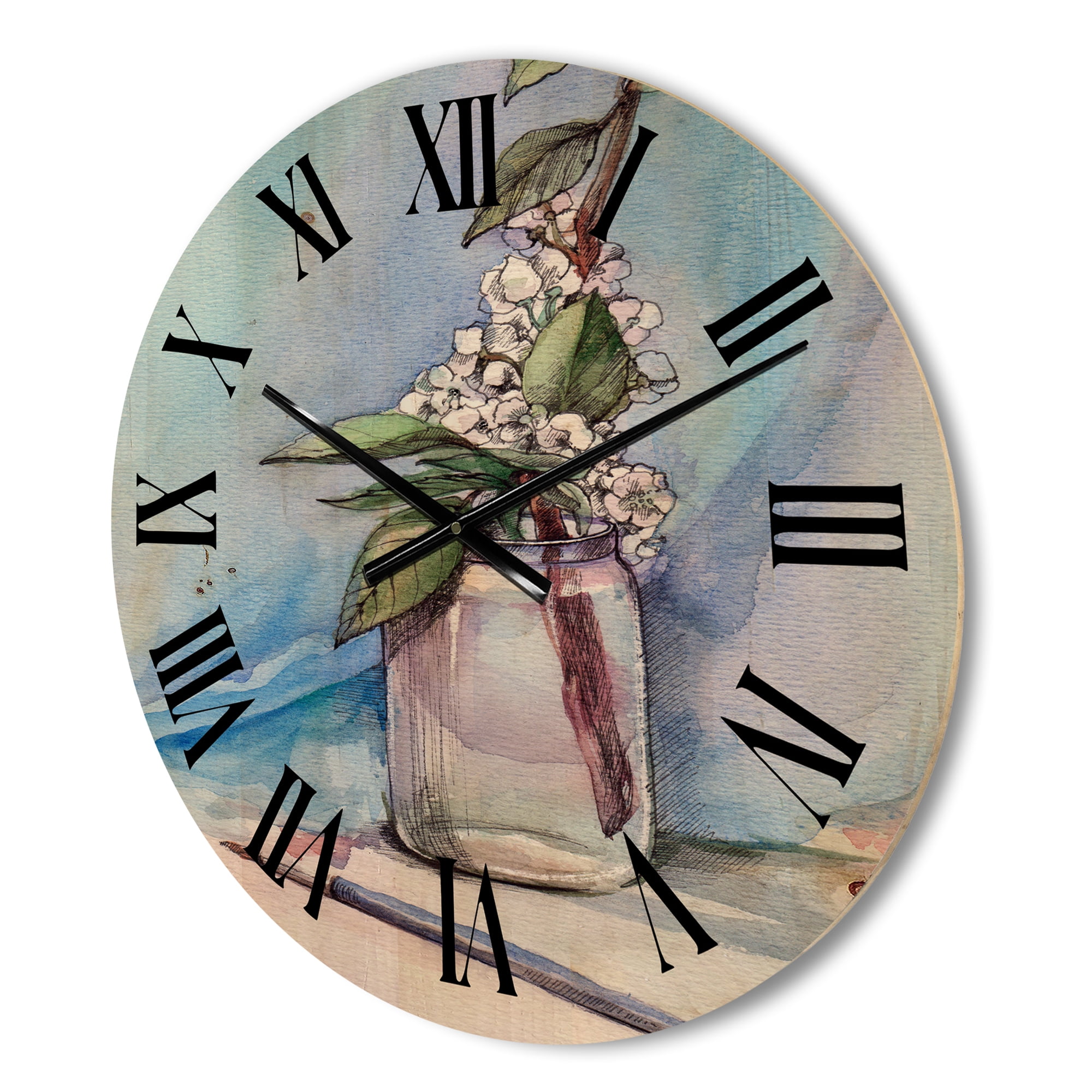 Designart 'Cherry Blossom Flowers In Glass Jar' Farmhouse Wood Wall Clock