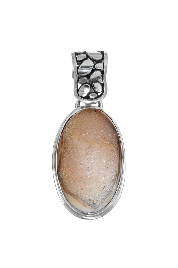 Natural Sparkling Oval Agate Druzy Bali Handmade 925 Sterling Silver Pendant, 1 5/16"