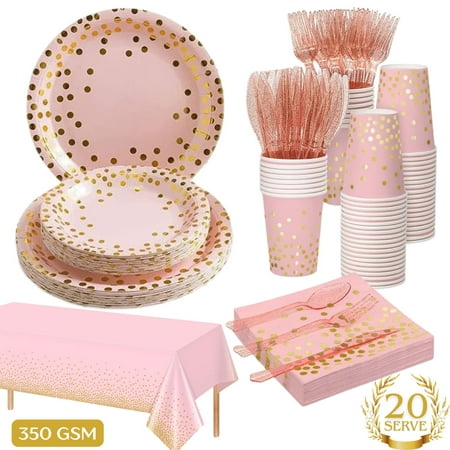 141 Piece Pink Gold Party Supplies Set Serves 20 - Plate Tablecloth Cup Napkins for Wedding Bridal Shower Baby Shower Holiday Parties