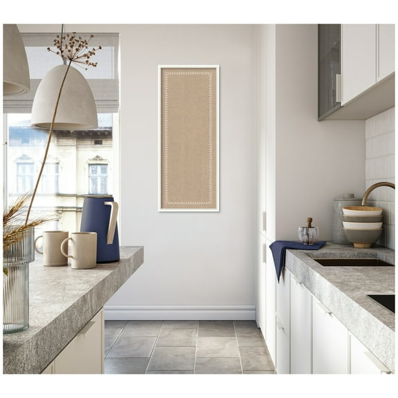 Kate and Laurel Framed Fabric Pinboard 17 x 41, White Scalloped Edge Printed Linen Modern Bulletin Board for Use as a Vision Board or Wall Organization, Lucie White Frame