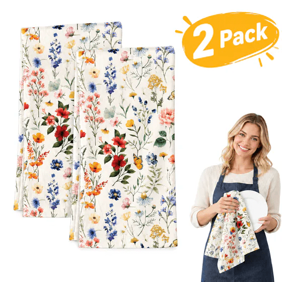 Kitchen Towels, Dishtowels for Kitchen, Hand Towels, Decorative Kitchen Towels Alternative to Brawny Tear-A-Square Paper Towels, 2 Pack Lint-Free Absorbent Vintage Floral Flour Sack Towels