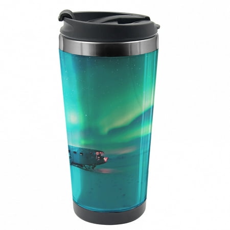 

Aurora Borealis Travel Mug Misty Winter Day Steel Thermal Cup 16 oz by Ambesonne