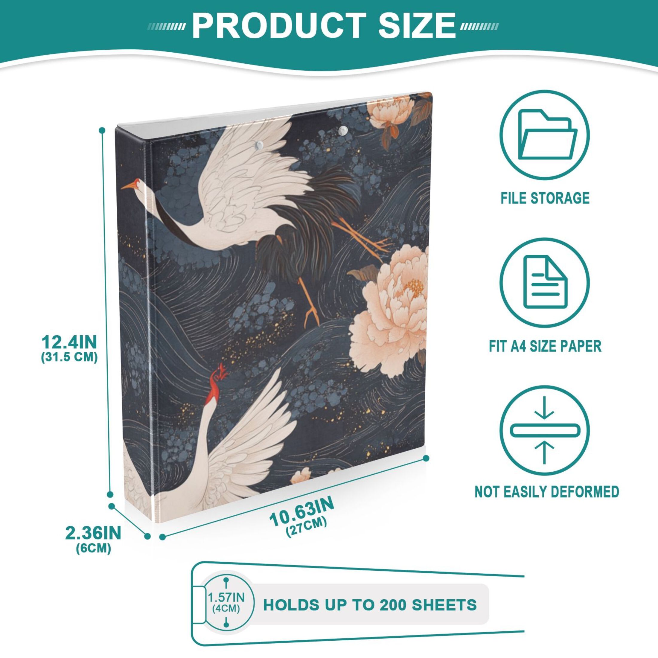 Elegant Cranes Peonies 3 Ring Binders 1.5 inch Hardcover File Folders with Interior Pockets A4 Size Organizer for School Office Hospital