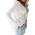 thumbnail image 4 of Womens Boho Off Shoulder Sheer Crochet Crop Top with Bell Sleeves Flowy Oversized Ruched Pullover Sweater, 4 of 6