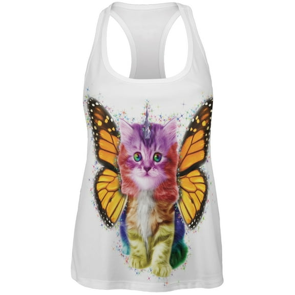 Rainbow Butterfly Unicorn Kitten Funny All Over Womens Tank Top - Large