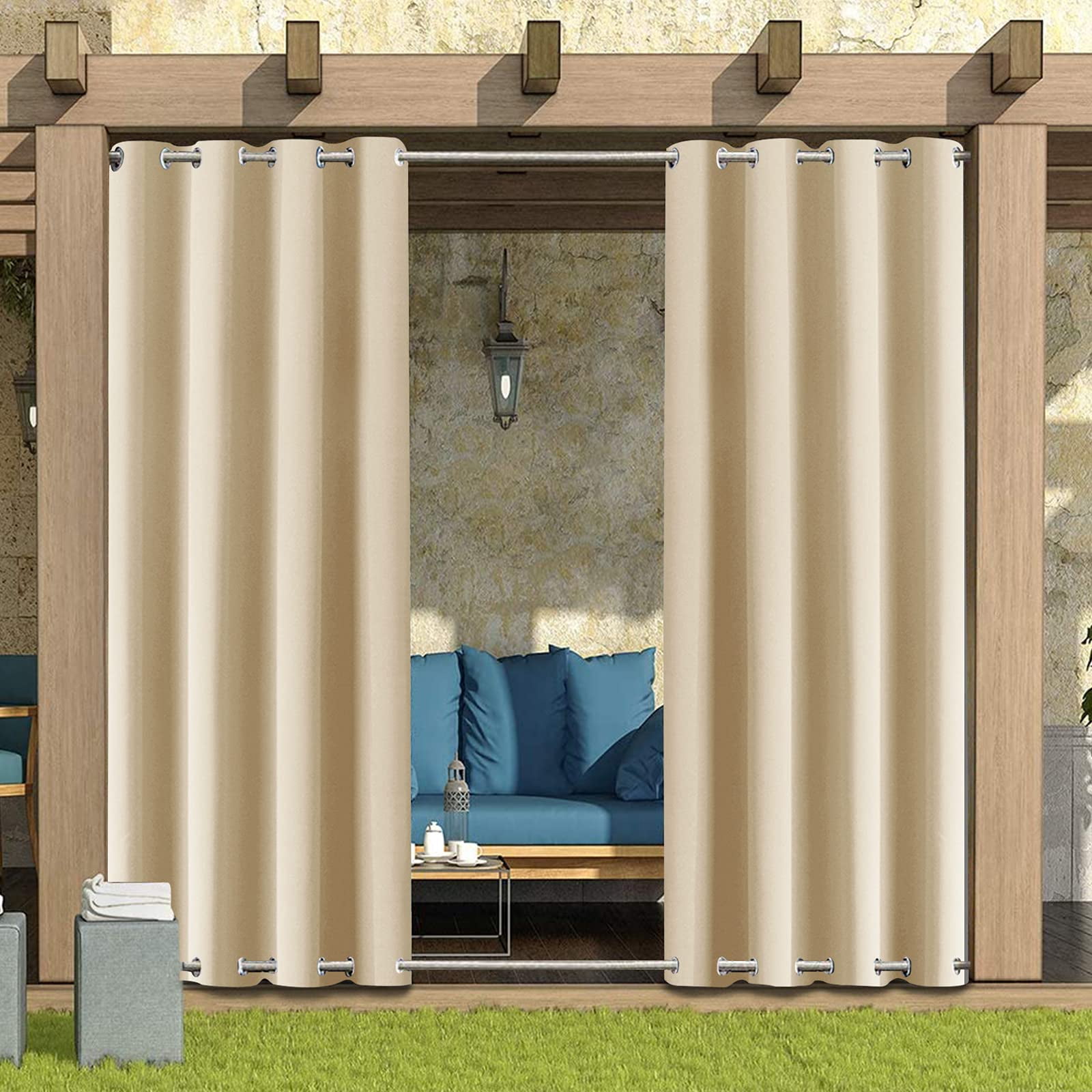 TOPCHANCES 2 Panels Outdoor Curtains for Patio, Waterproof Blackout Outside Curtains with Top and Bottom Grommet, Windproof UV Resistant Drapes for Porch, Pergola, 52 x 108 inch, Beige
