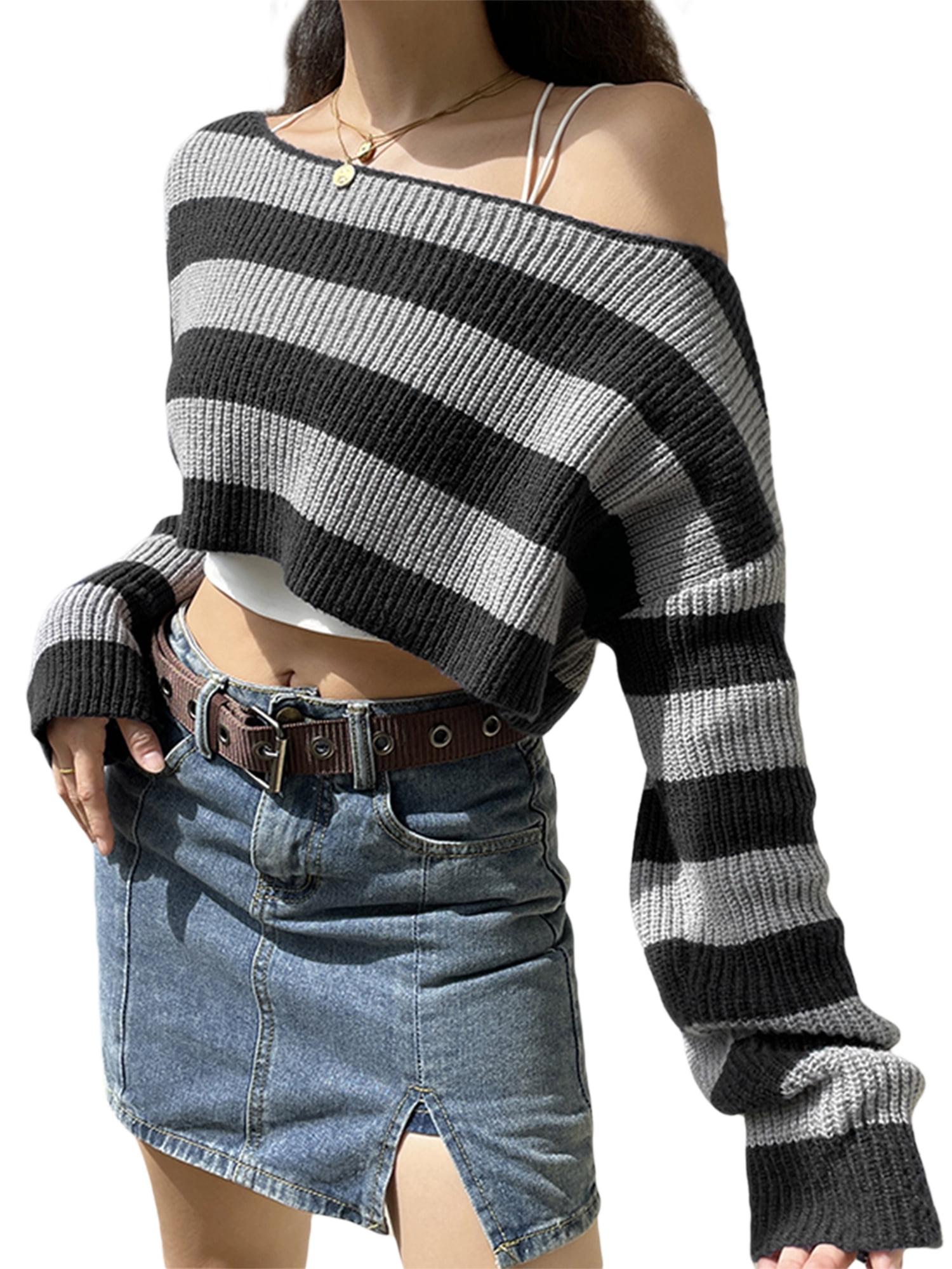 【BAON】Deimi stripe fleece crop jumper Liacowi Women Juniors Knitted Crop Sweater Long Sleeve
