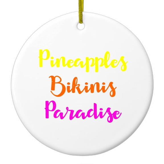 DistinctInk Hanging Ceramic Christmass Tree Ornament with Gold String - Great Gift / Present - 2 3/4 inch diameter - Pineapples Bikinis Paradise
