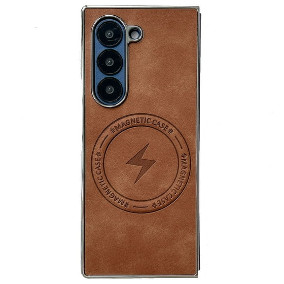 Magnetic Case for Samsung Galaxy Z Fold 6 Case PU Leather Thin Slim Case Soft Bumper Anti-Fingerprint Shockproof Protective Phone Cover Compatible with Magsafe, Plain Anti-Scratch Retro Style,Brown