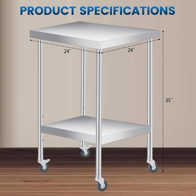 Eastvita Table de Préparation Commerciale en Acier Inoxydable Robuste 24x24 Pouces avec Roues, Tablette Inférieure Réglable pour Restaurant Cuisine Commerciale
