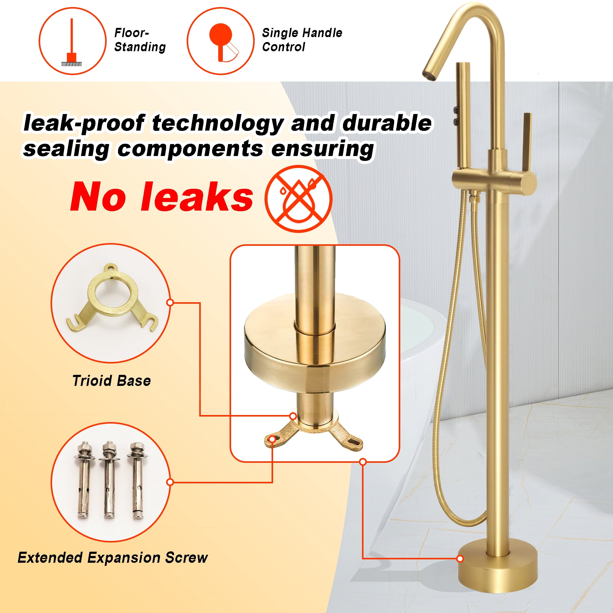 SUNRINX Brushed Brass Freestanding Tub Faucets, Single Handle Free Freestanding Tub Faucet With Brass Two-Function Handshower, Max 6 GPM Floor Mount Bathtub Faucet With 360° Rotating Spout Tub Filler