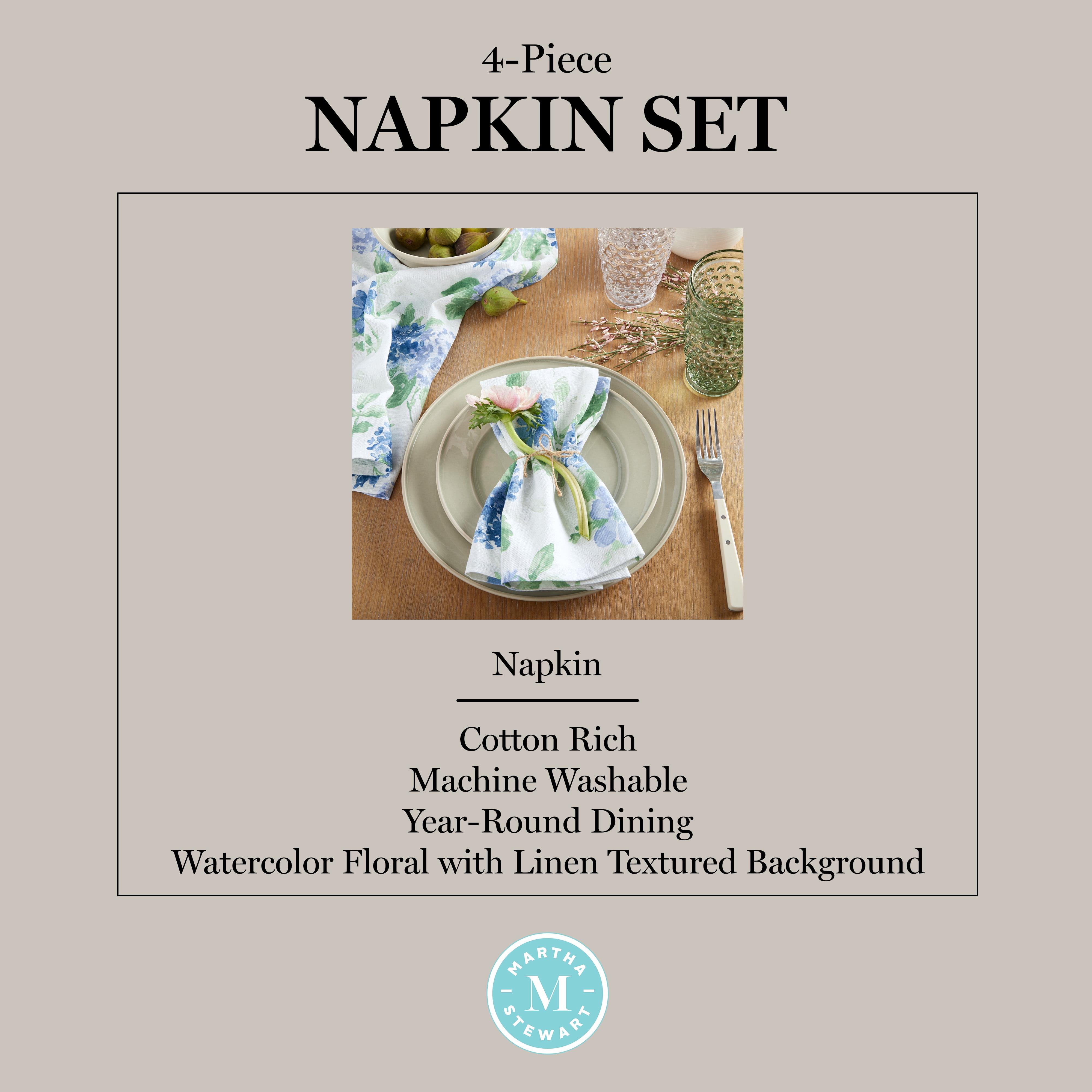 Martha Stewart Amber Floral Napkin Set 4-Pack, Blue/Green, 19"x19"