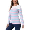 thumbnail image 4 of Blusa de mujer INSPIRE CHIC de rayas, bloque de color, de manga larga, camiseta casual, L, azul y rosa, 4 of 6