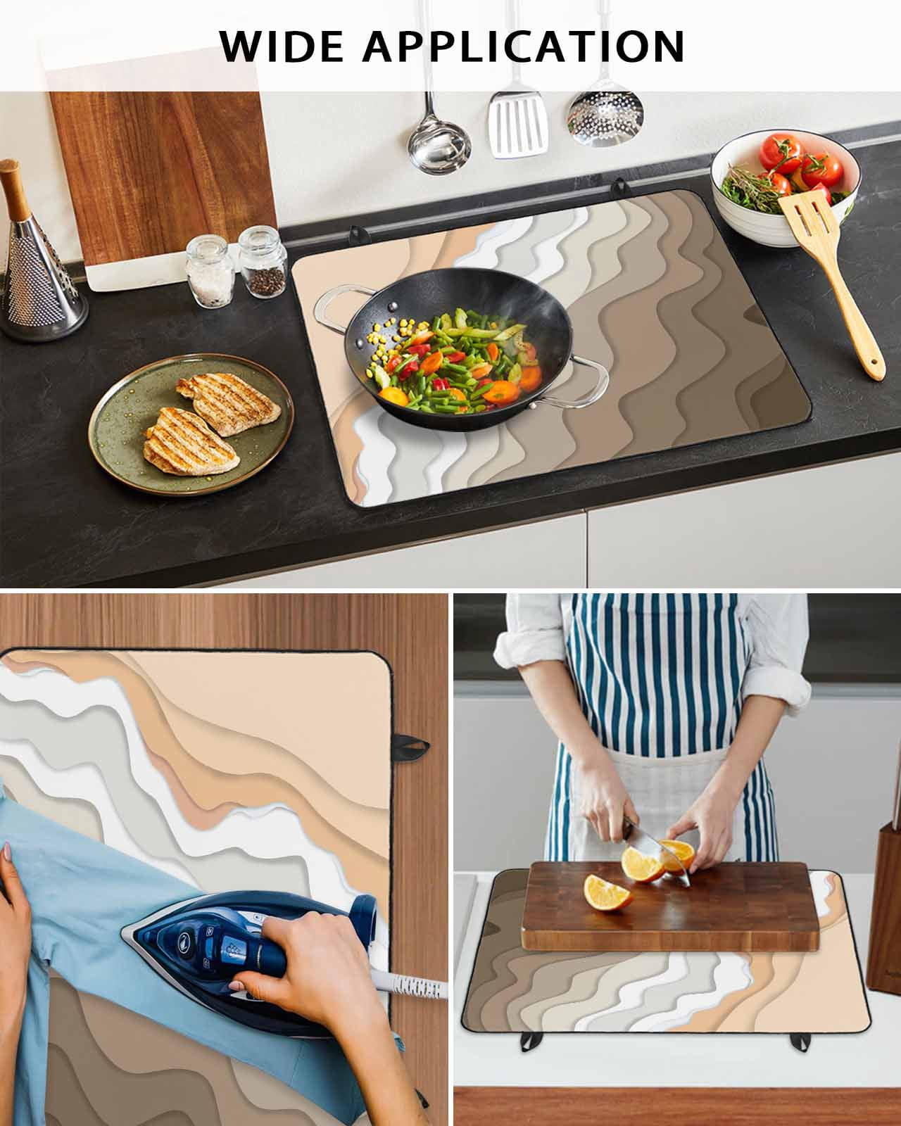 nqOlkjepod Large Induction Cooktop Protector Mat 24"x21", Brown Coastal Beach Stove Top Covers for Electric Stove, Retro Farmhouse Ocean Waves Striped Stove Burner Cover Mats, Glass Top Stove Cover