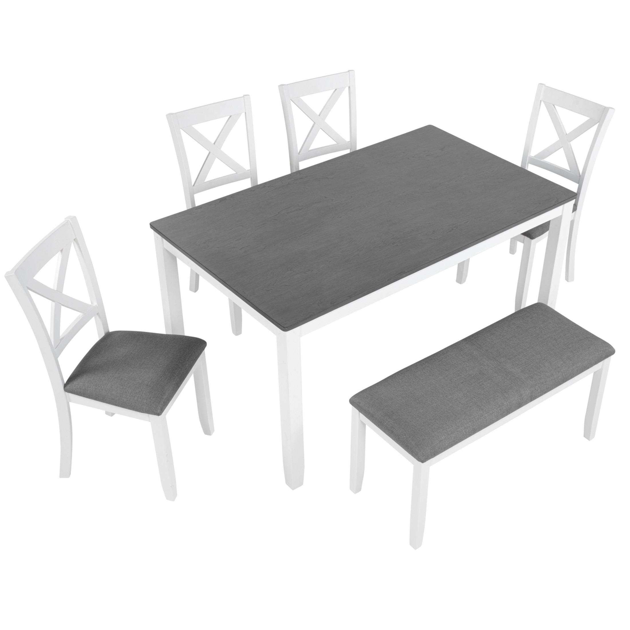 Noble House Modern Wooden Dining Table Set for 6 with X-Back Upholstered Chairs & Bench, Gray+White