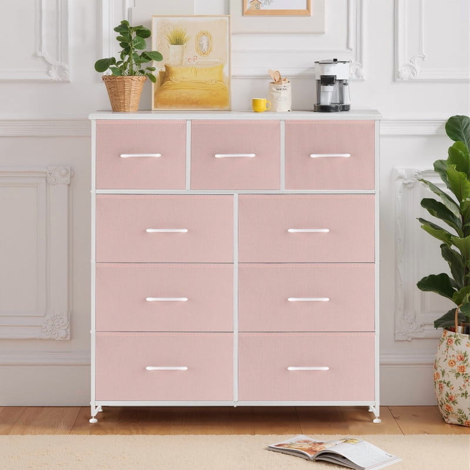 Bigleap 9 Drawers Dresser for Bedroom, Fabric Dresser with Sturdy Steel Frame, Wooden Top & Easy Pull Fabric Bins,Pink