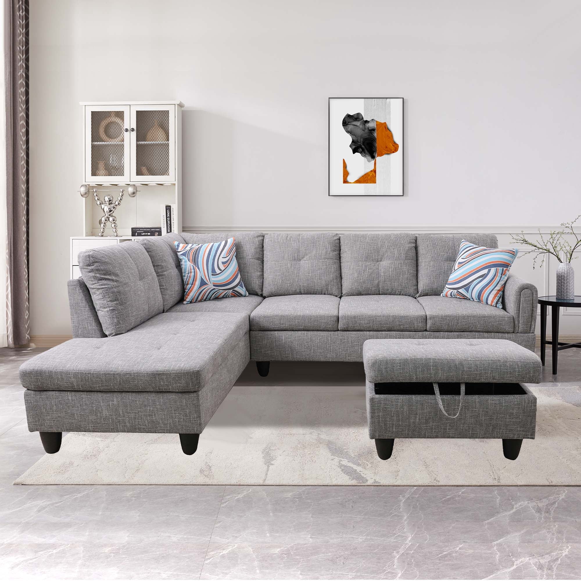 Aukfa Sectional Sofa, Living Room Couch with Storage Ottoman, Left Facing, 2Pillows, Flannel, Gray