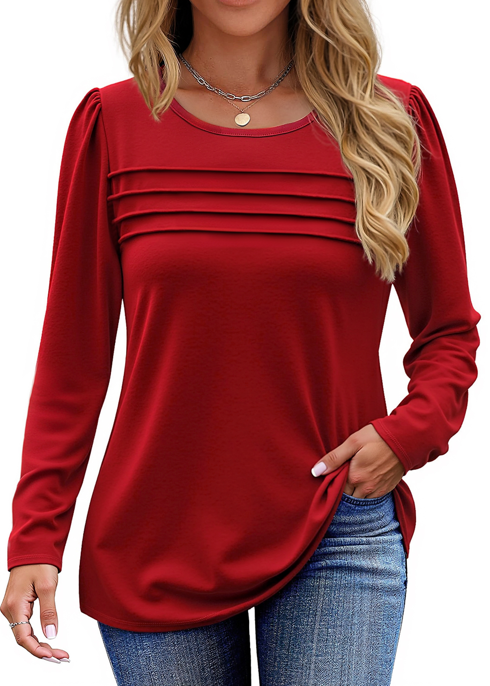 Fantaslook Long Sleeve Shirts for Women Fall Dressy Casual Blouses Fashion Pleated Tunic Tops