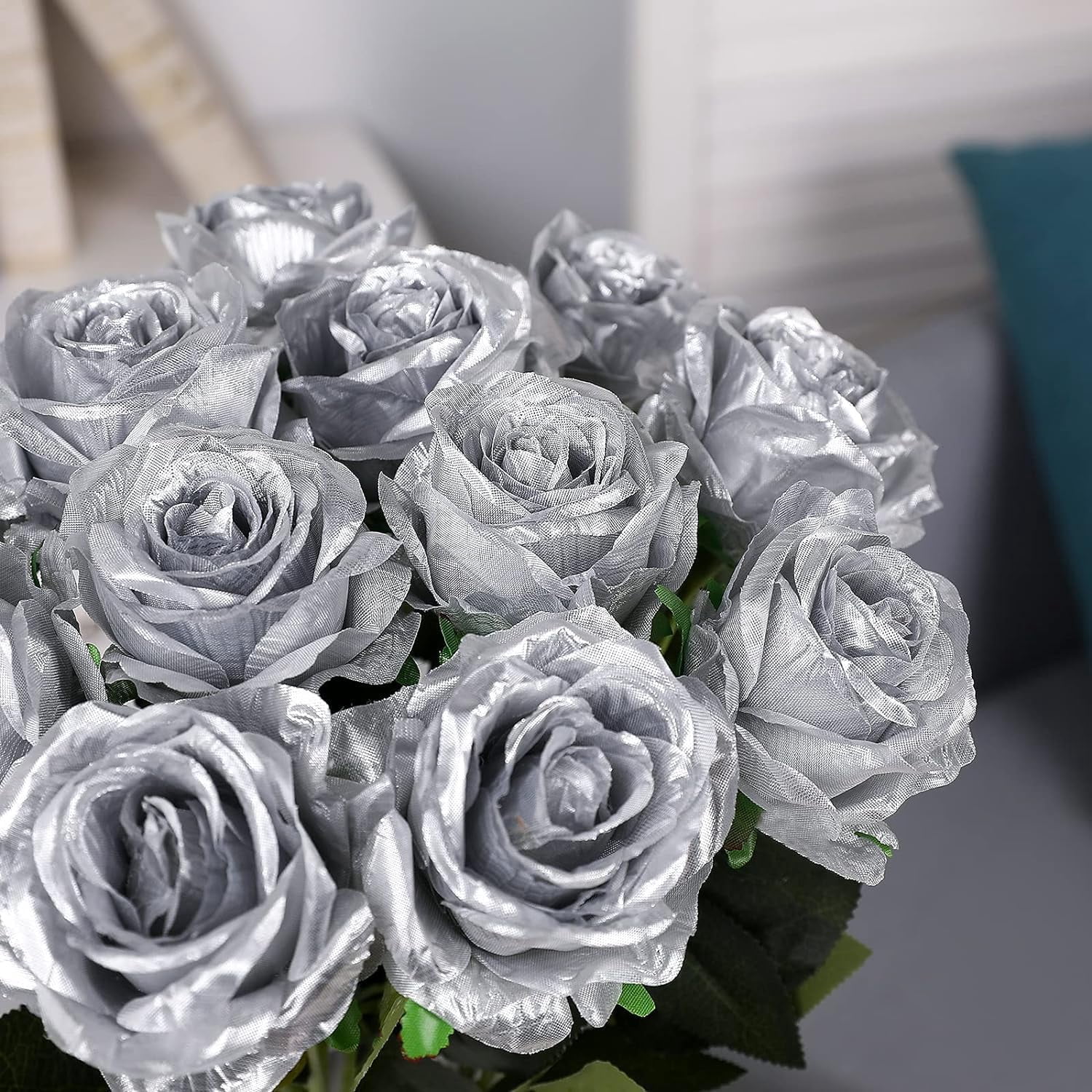 Silver Fake Roses Artificial Flowers - Fake Artificial Roses Silk Flowers with Stems for Home Wedding Hotel Office Centerpiece Decor