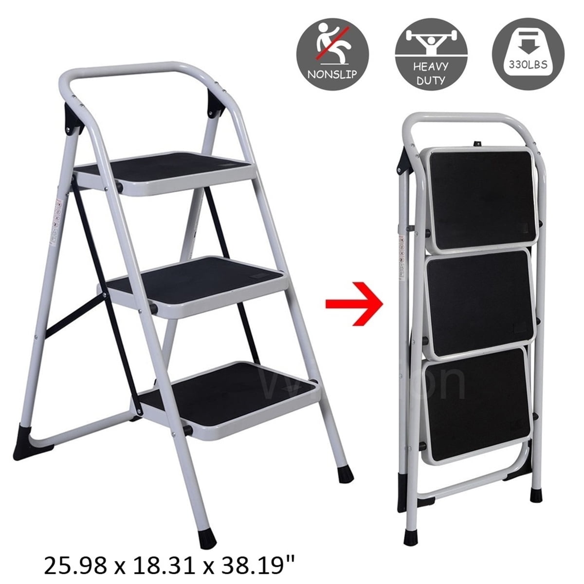 3 Step Ladder Safety Anti Slip Rubber Mat Tread Handrail Steel Folding Frame DIY 