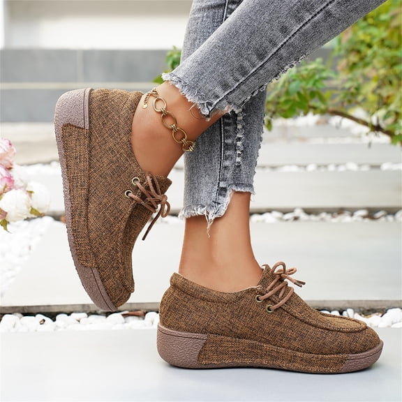 IEMIEMIEM Women’s Canvas Loafers Breathable Lace-Up Platform Casual Soft Comfort Walking Shoes Lightweight Non Slip Wedge Sneakers for Daily Outdoor Travel Work All Day Standing Wear Brown 6.5 Wide