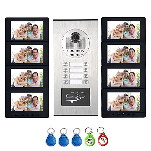 AMOCAM 8 Units Apartment Intercom System, Video Intercom Video Door Phone Kit, HD Camera 7" Monitor with RFID keyfobs Unlock for 8 Household or Office